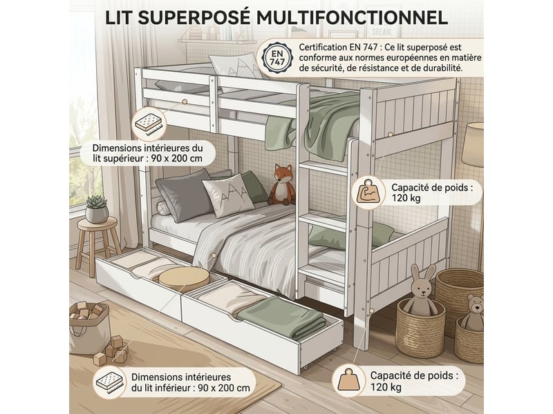 Lit superposé enfant 90x200 cm - avec 2 tiroirs - avec échelle - peut être séparé en deux lits simples - bois massif + mdf - blanc (sans matelas) - Conforama R