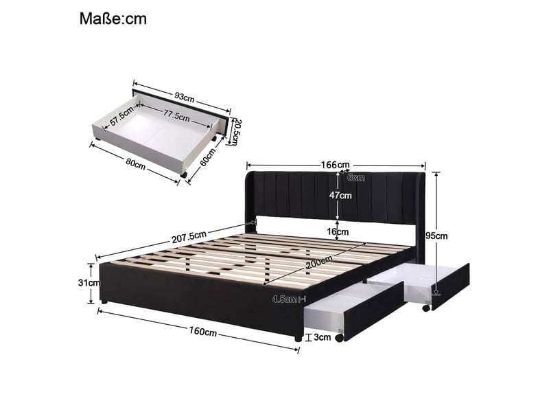  Lit double capitonné 160x200 cm avec deux tiroirs, lit double avec sommier à lattes et tête de lit, lit 2 personnes, noir  - Conforama W