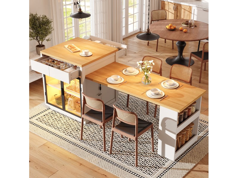  Îlot de cuisine extensible 122-194.5x70x94 cm, 2 tiroirs, led, blanc  - Conforama D