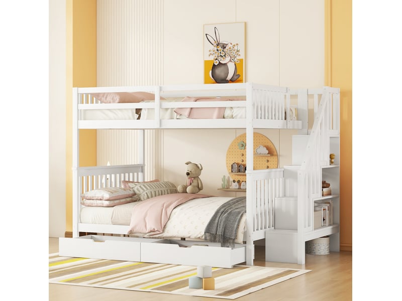  Lit superposé 140x200 cm avec escalier de rangement et 2 tiroirs blanc  - Conforama B