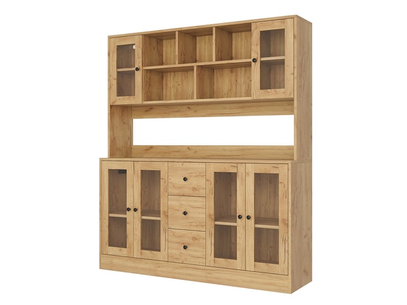 Buffet 150 x 40 x 173 cm - armoire de cuisine haute avec portes vitrées, 3 tiroirs, led et prises - bois naturel - Conforama A