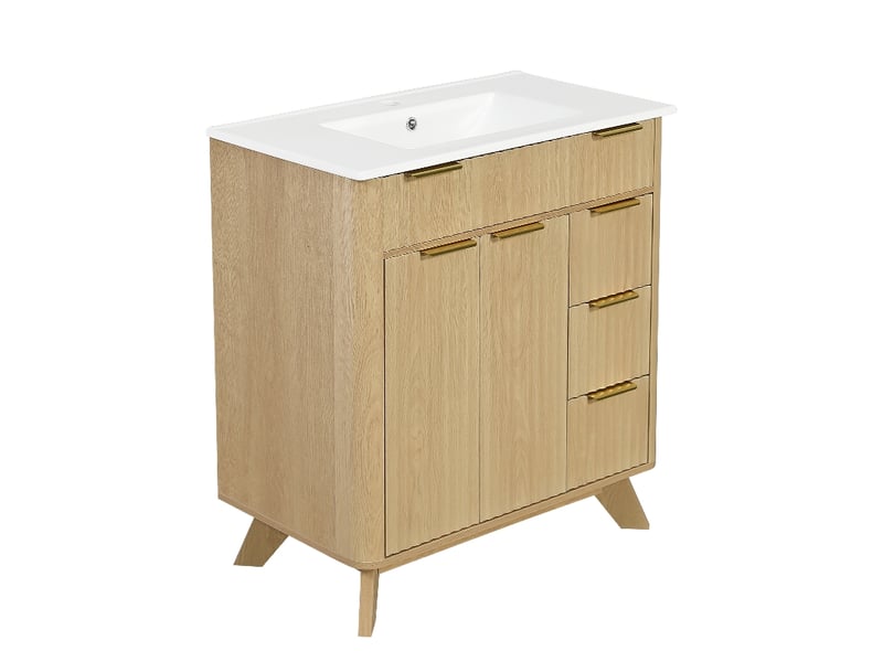  Meuble salle de bain 81 cm sur pied avec vasque en céramique, 3 tiroirs et portes, bois naturel  - Conforama A