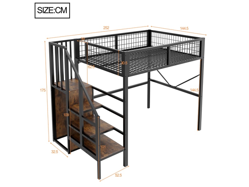Lit mezzanine 140x200 cm en métal avec échelle de rangement, éclairage led, garde-corps sécurisé et espace bureau ou canapé sous le lit - noir - Conforama C