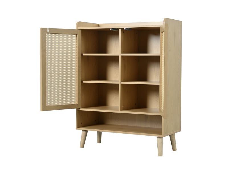  Meuble à chaussures en rotin naturel 80x35x105 cm, 2 portes, 5 étagères et pieds en bois massif  - Conforama D