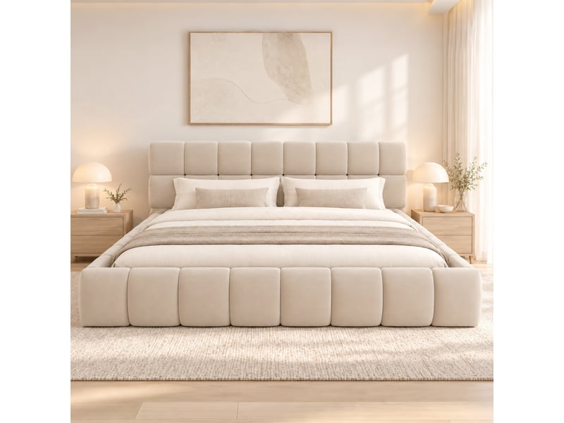 Lit double 160x200 cm en velours beige avec tête de lit et côtés rembourrés, matelas encastré et sommier à lattes inclus. - Conforama D