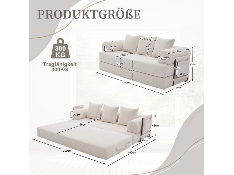  Canapé modulaire 3 places modulable avec poches latérales et 3 coussins, structure en métal et velours côtelé beige  - Conforama C