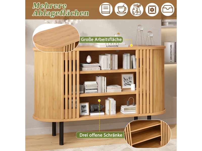Buffet 120x40x80 cm naturel, 3 niches ouvertes, grand plateau et pieds métal réglables, mdf et panneaux - Conforama E
