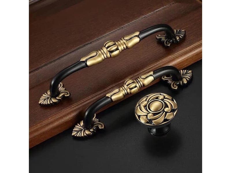  Paire de poignées de meuble en laiton vintage à motif floral, poignées anciennes noir et doré pour tiroirs  - Conforama E
