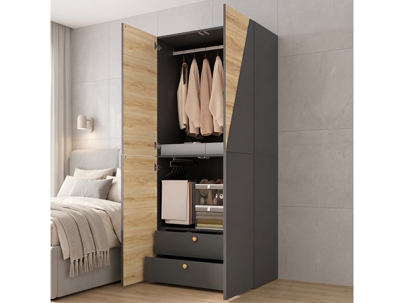  Armoire avec boîte de rangement, 90 x 50 x 200 cm, 1 penderie, 1 porte-pantalon et 2 tiroirs, design moderne  - Conforama D