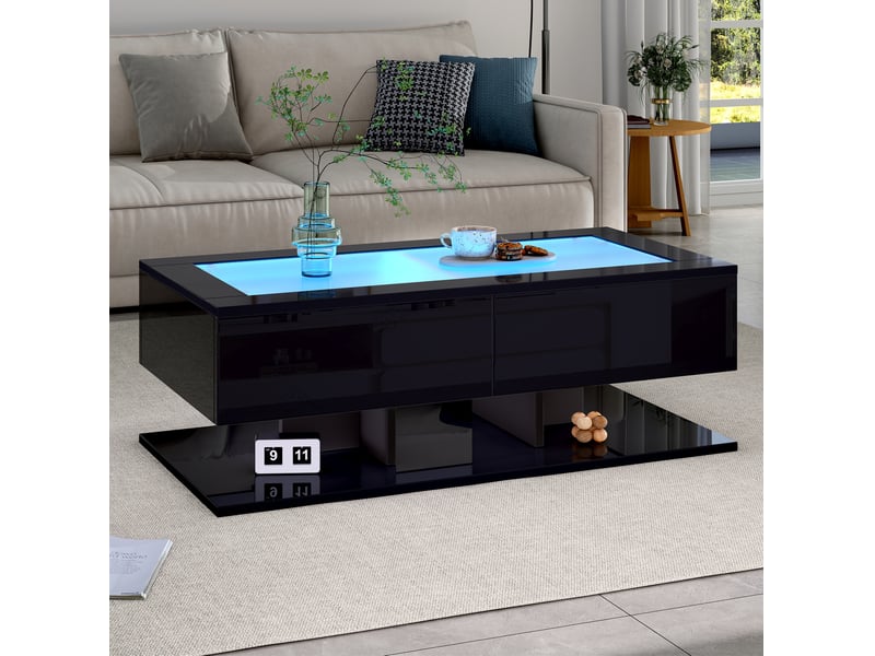  Table basse tcqpz 100 x 50 x 35 cm avec 2 tiroirs led plateau en verre trempé noir  - Conforama D