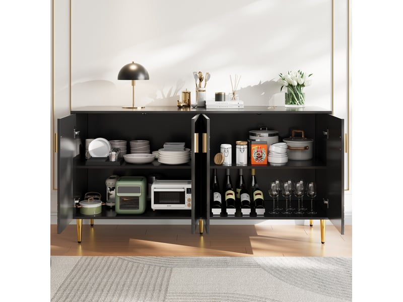 Buffet 4 portes noir 152 x 40 x 75 cm en mdf avec poignées et pieds dorés - Conforama D