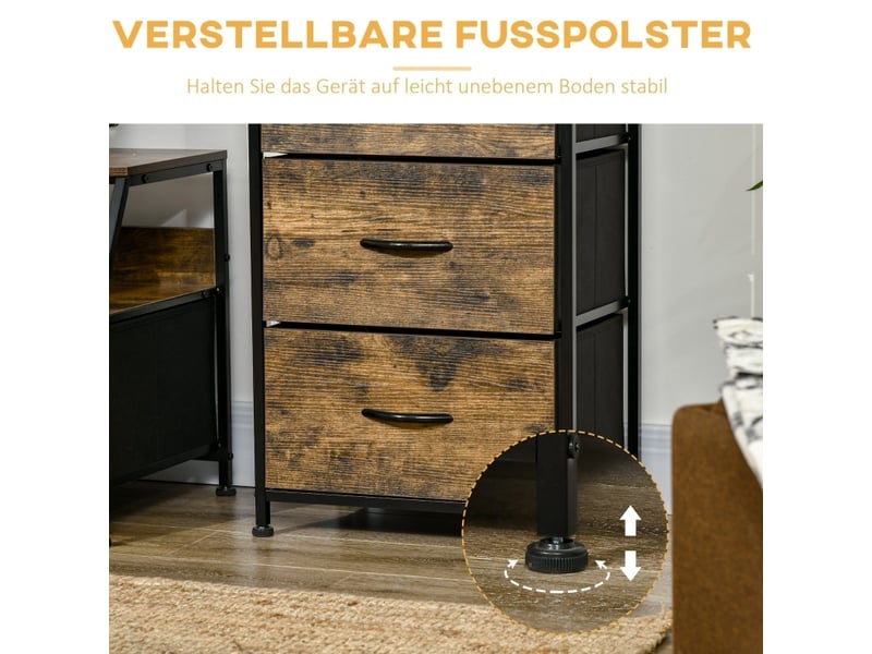  Commode avec 3 tiroirs pliables et 2 étagères, structure en acier, style industriel marron 44 × 29 × 92 cm  - Conforama D
