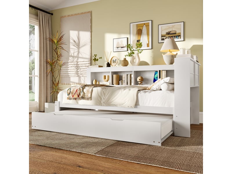  Canapé convertible lit gigogne avec prise et deux ports usb, rangements latéraux, panneaux de bois blanc  - Conforama C