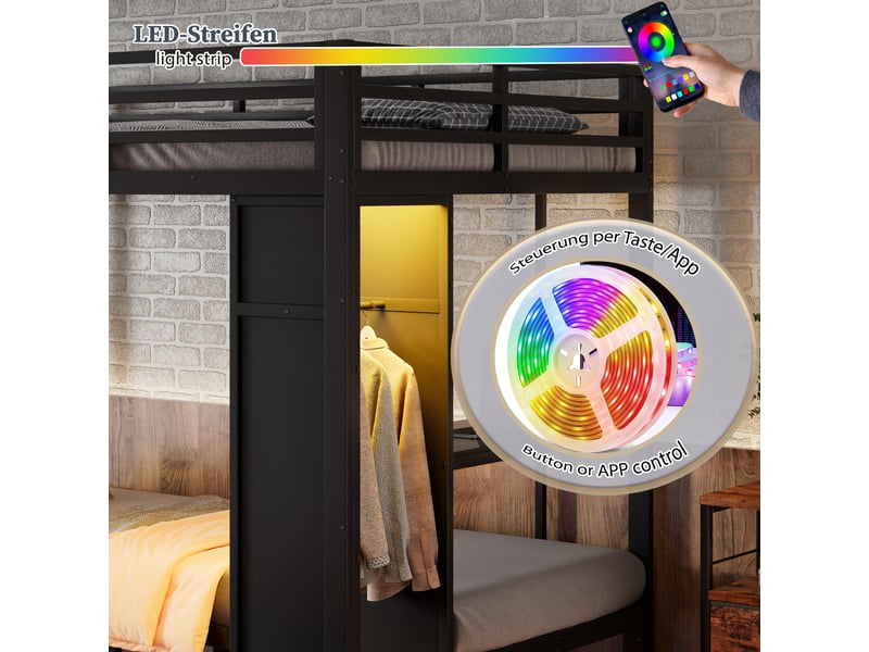  Lit superposé 140 x 200 et 90 x 200 cm avec chevet mobile, penderie, led, étagère, échelle et garde-corps, métal et bois - noir OMNIGLINT TRADING LTD - Conforama E
