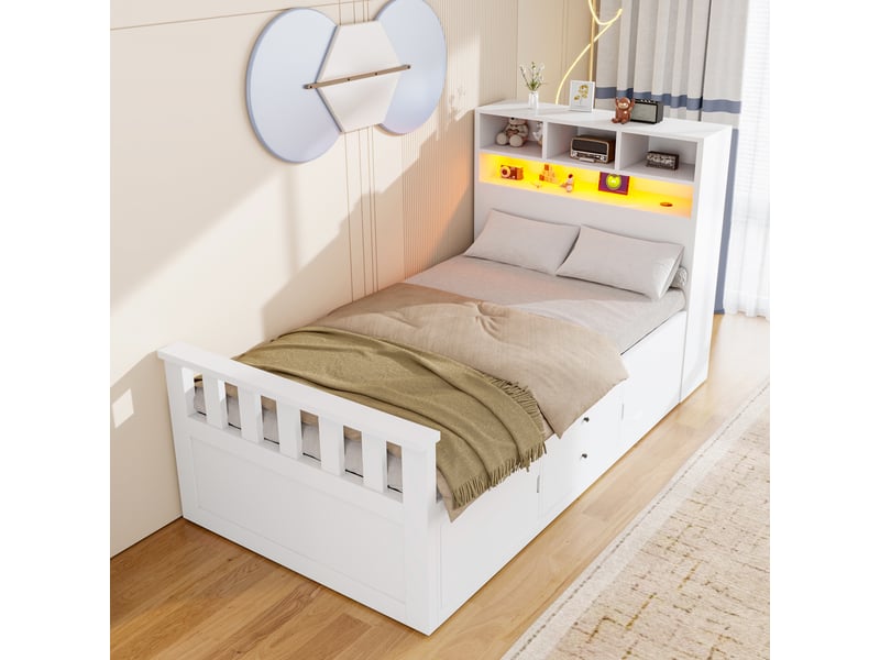  Lit en bois 90 × 200 cm – avec espaces de rangement – ​​inclut 2 tiroirs – équipé d’un ruban led et d’un port de chargement usb – blanc (matelas non inclus)  - Conforama B