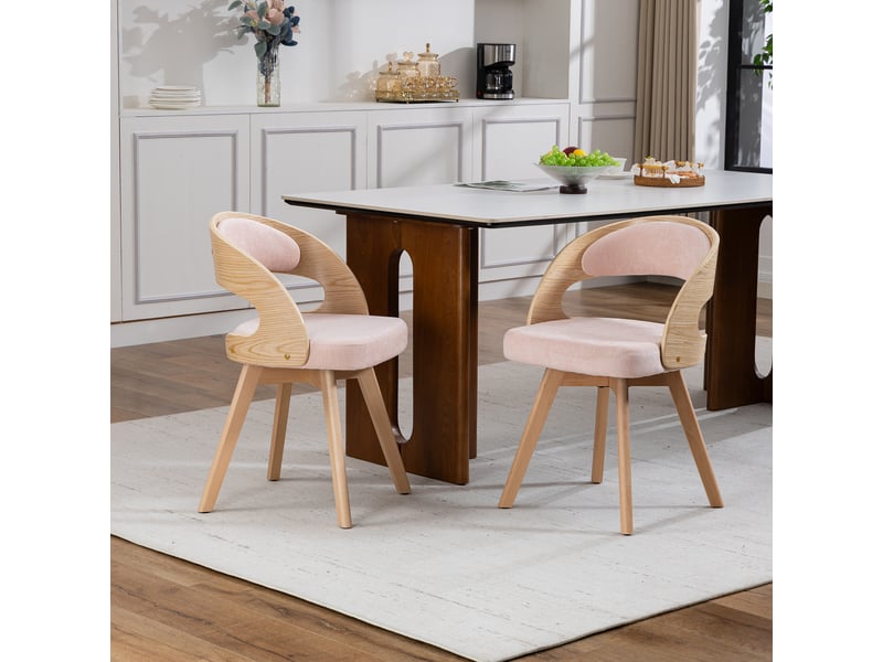  Chaise de salle à manger pivotante avec dossier ergonomique et assise rembourrée, en lin rose  - Conforama C