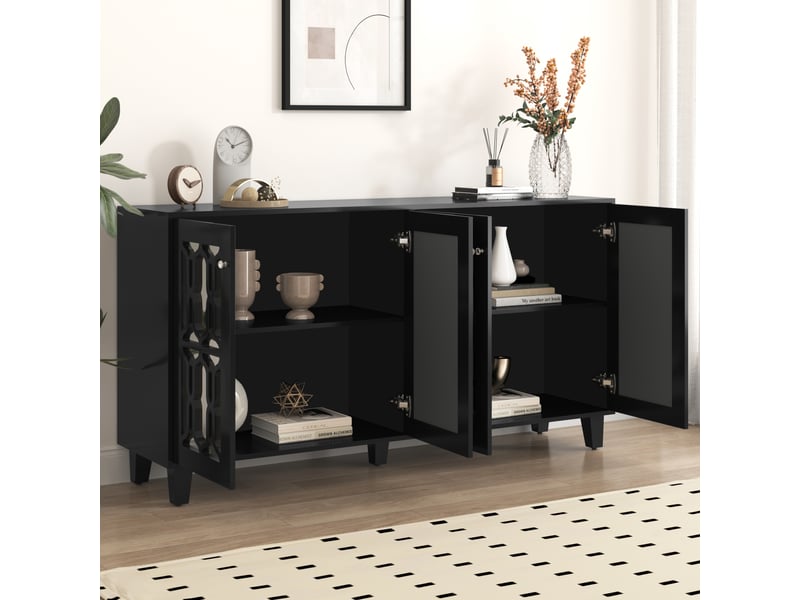Buffet noir miroir 160x40x84 cm - 4 portes, poignées cristal, plateau amovible - séjoursalle à manger - Conforama E