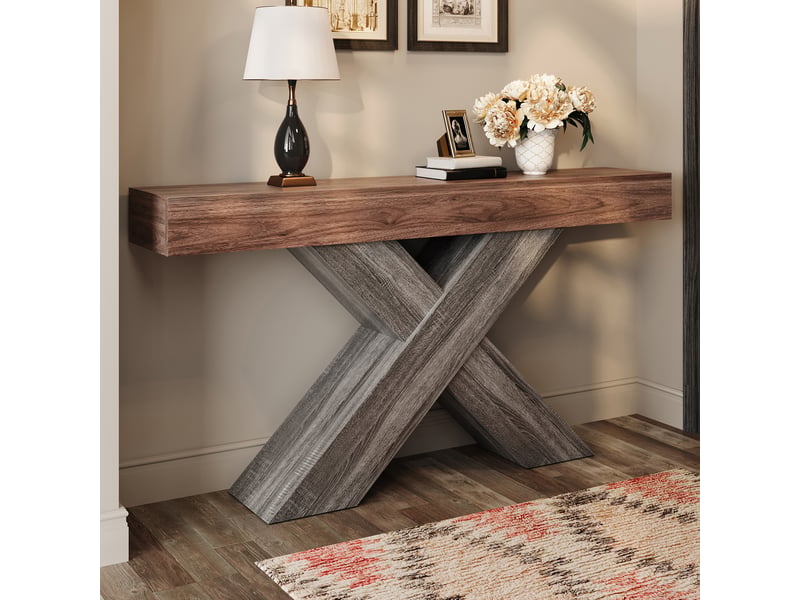  Table console noyer 140 cm avec pieds en x robustes, console étroite pour entrée et salon, style industriel  - Conforama B
