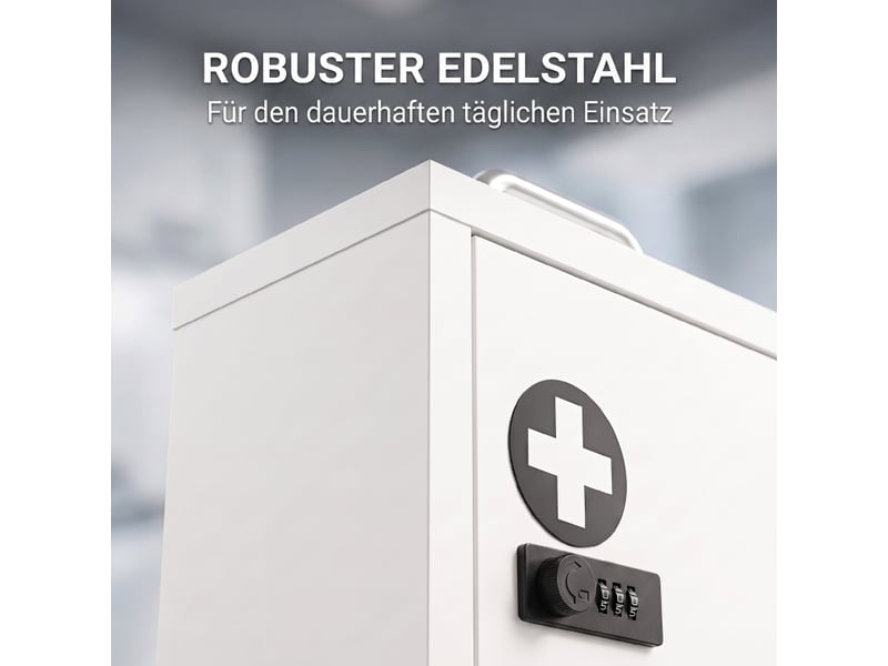 Armoire à pharmacie murale 30 x 14 x 30 cm – blanc – serrure à code, 2 niveaux et poignée de transport  - Conforama E