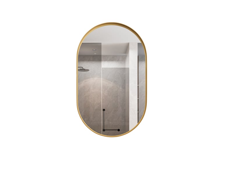  Armoire de toilette miroir ovale 85x51,5x12 cm, 2 tablettes en verre réglables, murale ou encastrée, métal doré  - Conforama A
