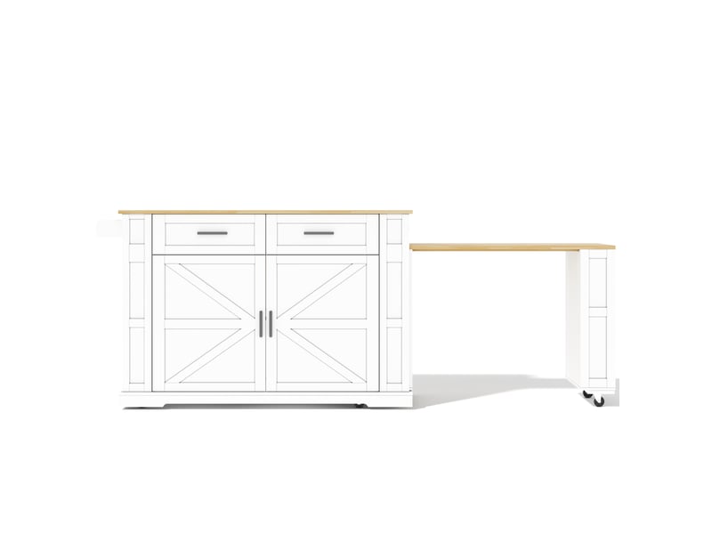  Desserte de cuisine extensible 130x50x93 cm – blanc et chêne – prises usb, 2 tiroirs et roulettes  - Conforama D