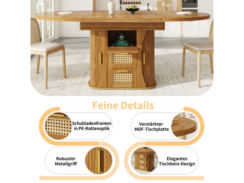  Table de salle à manger extensible 118-158x118x77,1 cm avec rangement intégré, tiroirs rotin et finition bois, mdf, marron Sol Morn - Conforama E