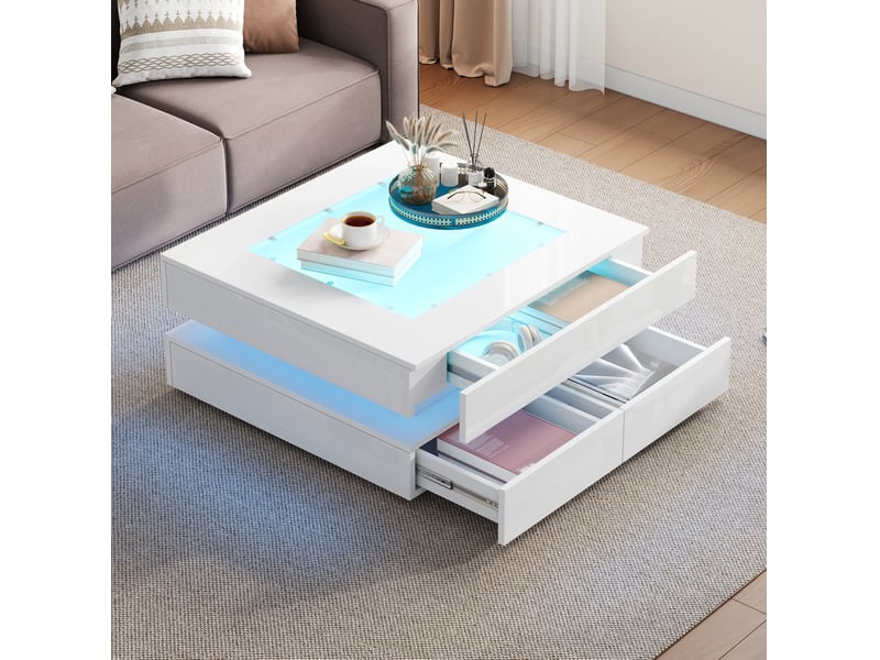  Table basse 70x70 cm blanche brillante avec verre, led et 3 tiroirs  - Conforama D