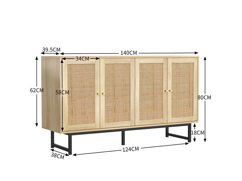  Buffet bas 140x39,5x80 cm bois clair en panneaux de particules, 4 portes, pieds métal noirs, grand rangement  - Conforama C