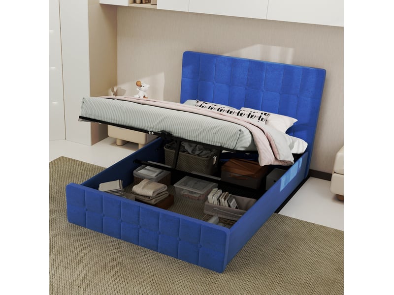  Cadre de lit rembourré modenvie en velours bleu marine 140 x 200 cm avec tête de lit et espace de rangement  - Conforama B