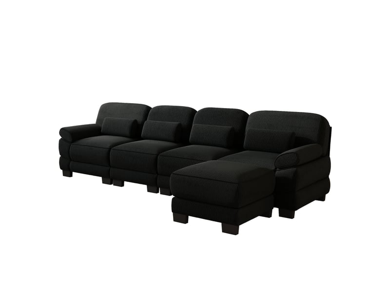  Canapé modulaire en l 4 places 336x161x94 cm, design ergonomique, assise profonde, avec pouf, en velours côtelé, noir  - Conforama A