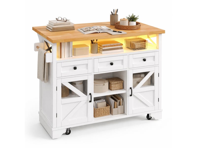  Desserte de cuisine 120x43-71x98 cm, 3 tiroirs, plateau rabattable, mdf et métal, meuble cuisine, couleur blanc et bois  - Conforama A