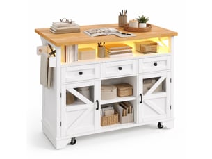 Desserte de cuisine 120x43-71x98 cm, 3 tiroirs, plateau rabattable, mdf et métal, meuble cuisine, couleur blanc et bois