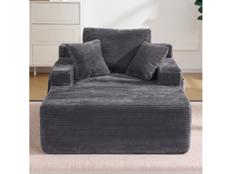  Méridienne 150x110x70 cm, 1 place, poches latérales, coussins, mousse dense, ressorts, velours côtelé, gris foncé  - Conforama D
