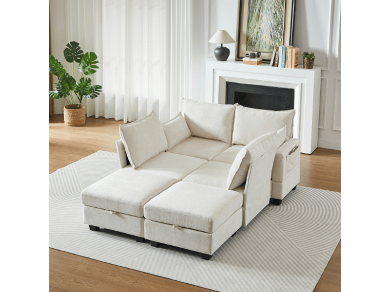 Canapé modulaire 6 places avec fonction couchage et rangement, configuration en l ou en u, en chenille beige - Conforama B
