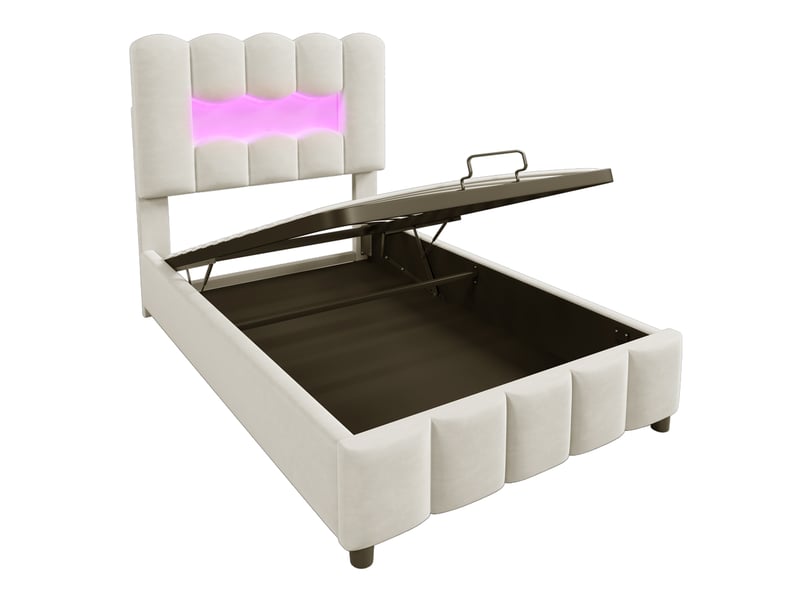  Lit coffre enfant 90x200 cm avec éclairage led multicolore, tête réglable et sommier, velours et mdf, beige, sans matelas  - Conforama D
