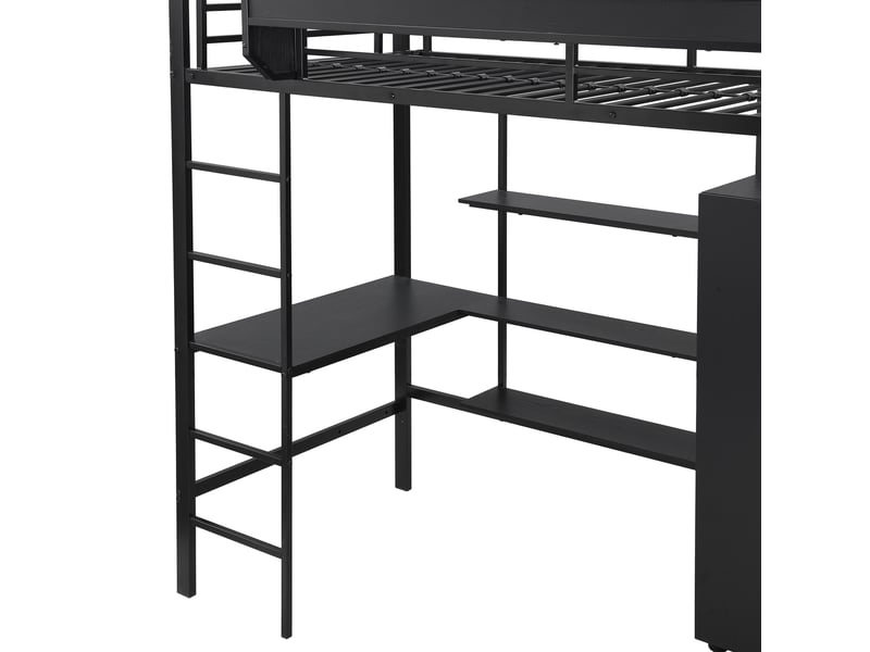  Lit mezzanine 1 place 90x200 cm en métal avec bureau, armoire, rangement et échelle 5 marches, sans matelas, noir  - Conforama E