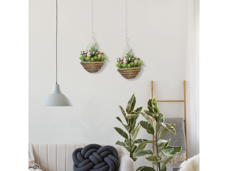  Lot de 2 lisianthus artificiels avec pot et crochet, plantes artificielles en pe et osier, ø 25 x 34 cm, vert et rose  - Conforama C