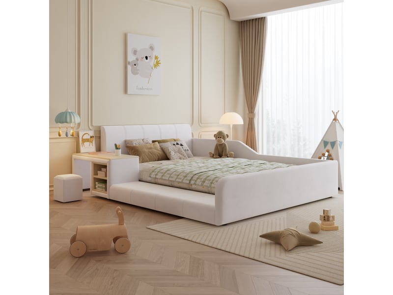Lit enfant en velours 140x200 cm avec bureau, tabouret et étagère, blanc - Conforama D