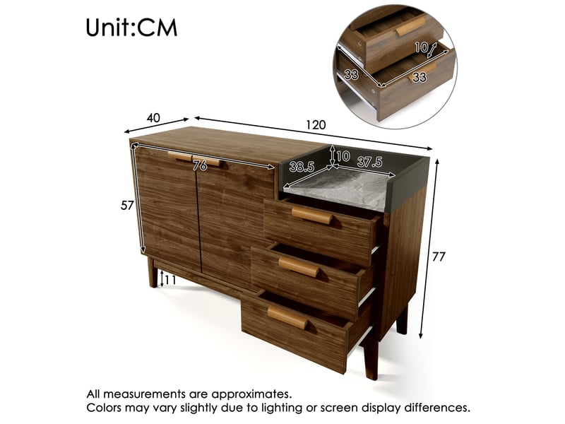  Buffet bas chêne foncé avec plateau effet marbre, 3 tiroirs, 2 portes et rangement ouvert, 120 x 40 x 77 cm  - Conforama E
