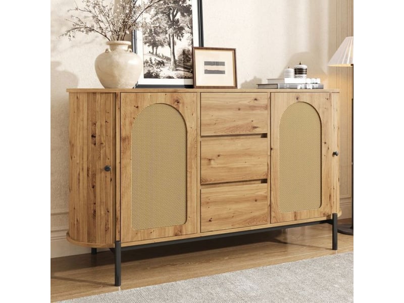  Buffet moderne, ovale en rotin avec étagères réglables, 140×38×77,5cm, meuble de rangement, double porte et trois tiroirs, couleur  - Conforama B