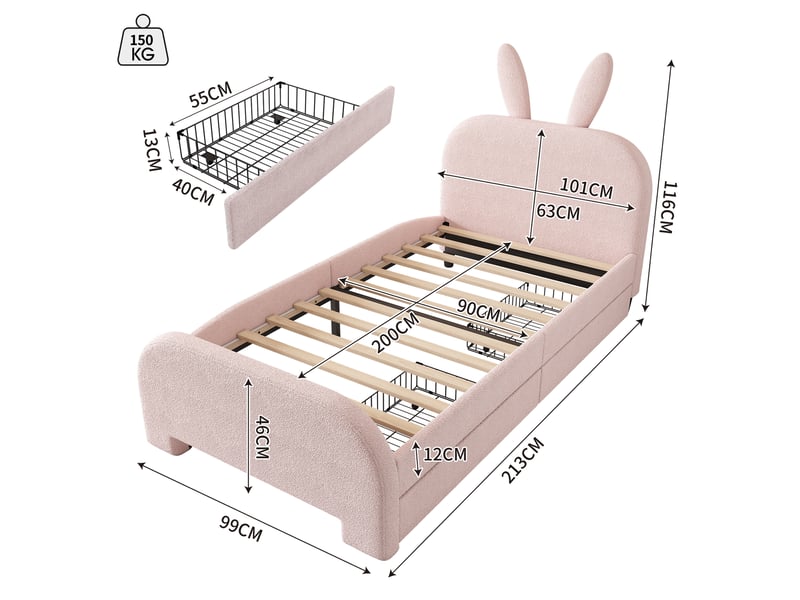  Lit enfant 90x200 cm, tiroirs, forme de lapin, dessin style cartoon, sommier, peluche rose, sans matelas  - Conforama C
