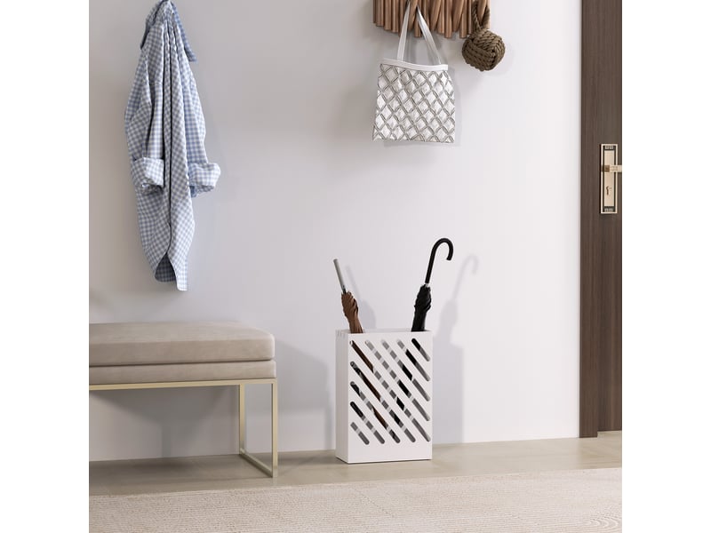  Porte-parapluie avec bac égouttoir, 4 crochets, acier, 28 cm (l) x 14 cm (l) x 41 cm (h), blanc  - Conforama D