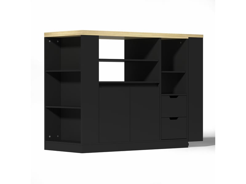  Îlot de cuisine extensible noir et bois, îlot central 115 cm avec rangements et plateau tournant pour salle à manger.  - Conforama C