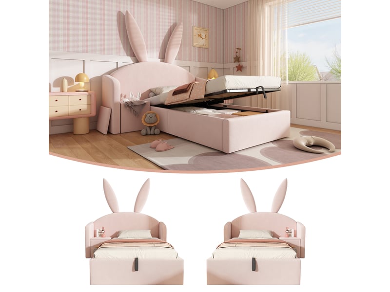  Lit simple 90x200 cm, lit enfant, coffre de rangement, table de chevet, motif lapin, velours rose  - Conforama A