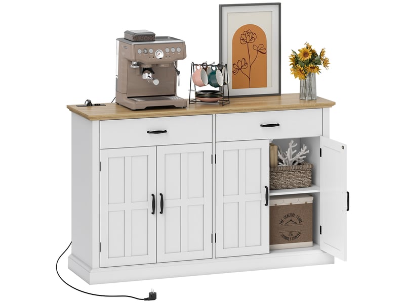  Buffet 2 portes de grange 2 tiroirs avec prises et usb blanc et chêne 140x40x91,5 cm  - Conforama A