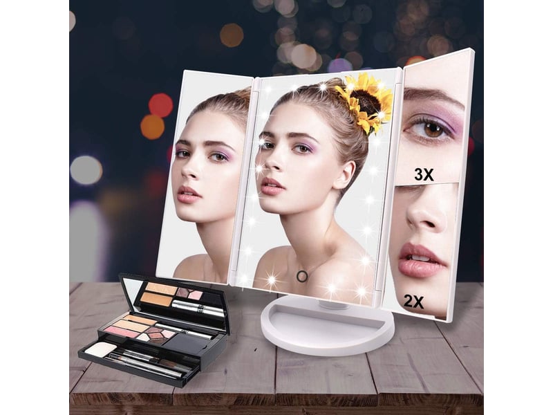  Miroir de maquillage 22 led – grossissement 1x2x3x, tactile blanc, pliable et portable pour voyage  - Conforama C