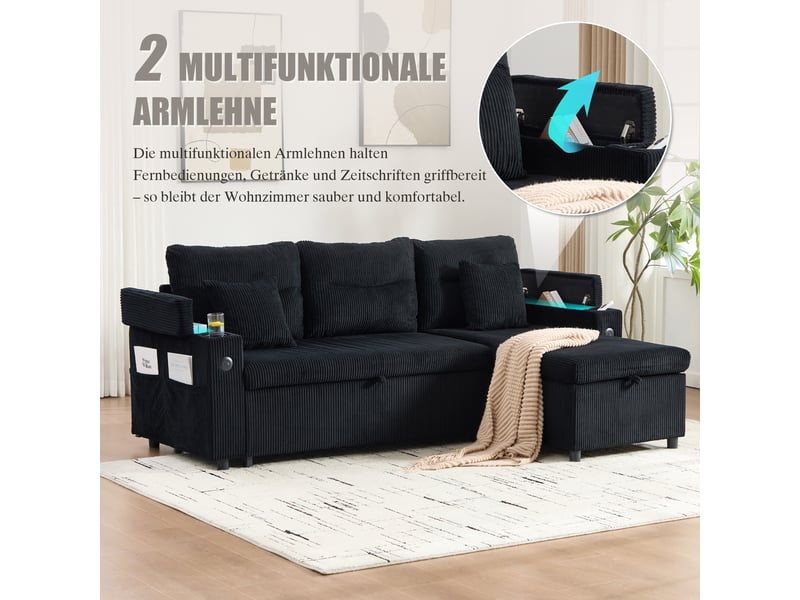  Canapé d'angle convertible 3 places,212.5x136x86cm,tiroir,porte-gobelets,usb-c,canapé-lit en velours côtelé avec méridienne rangement,noir  - Conforama W