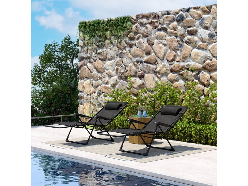 Lot de 2 bains de soleil pliant, transat inclinable, chaise longue textilène noir 90x65x112cm  - Conforama D