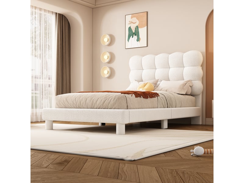 Lit simple 90×200 cm avec tête de lit rembourrée réglable 3 positions, sans matelas, en peluche, blanc  - Conforama D