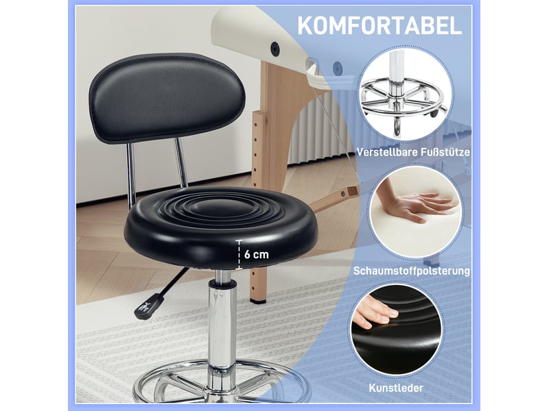  Tabouret de bureau à roulettes réglable en hauteur noir, dossier et repose-pieds, pivotant à 360° pour le travail  - Conforama D